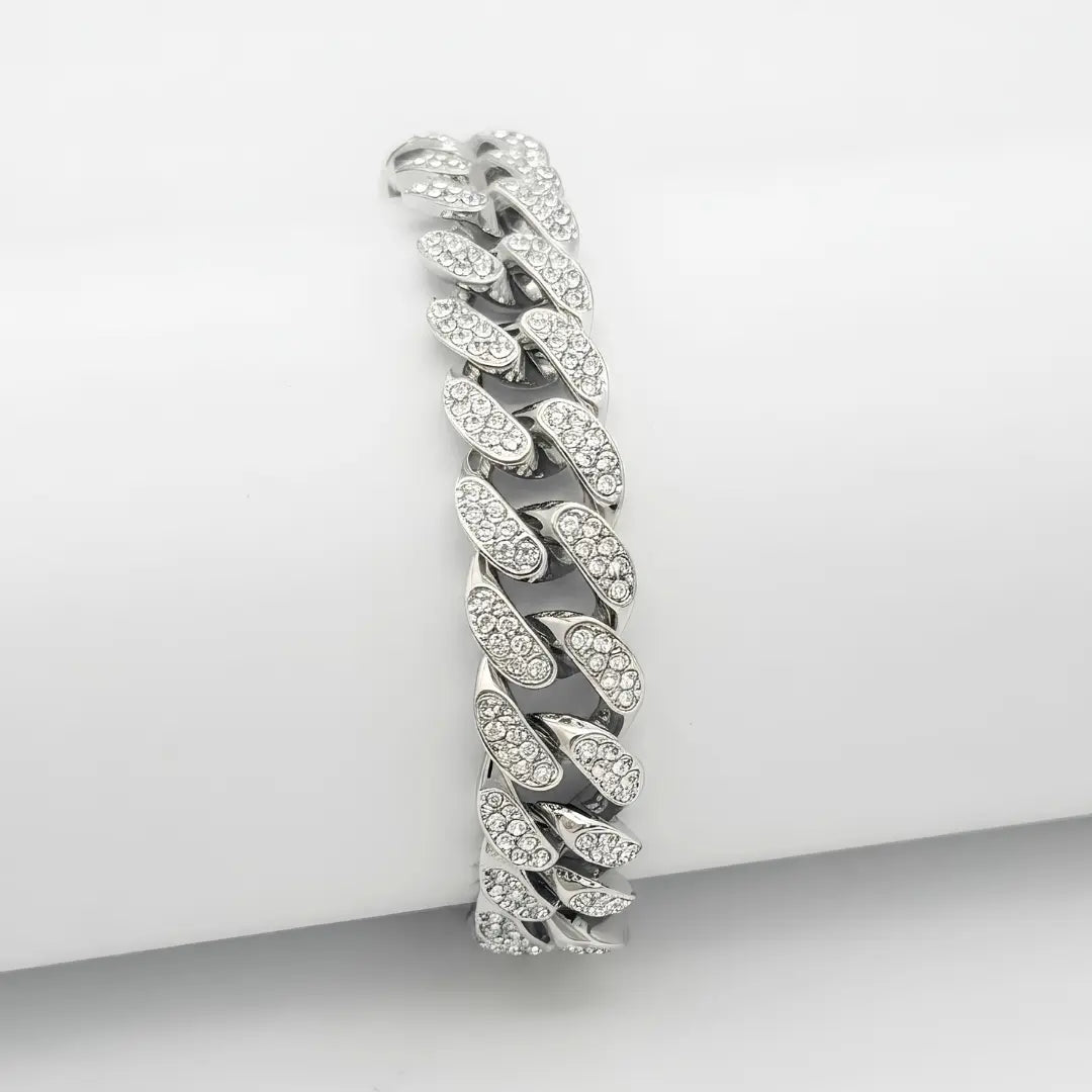 Silver Iced-Out Cuban Link Bracelet (23cm / 12mm) – Chunky Pavé Crystal Statement Wristband with Double Safety Clasp